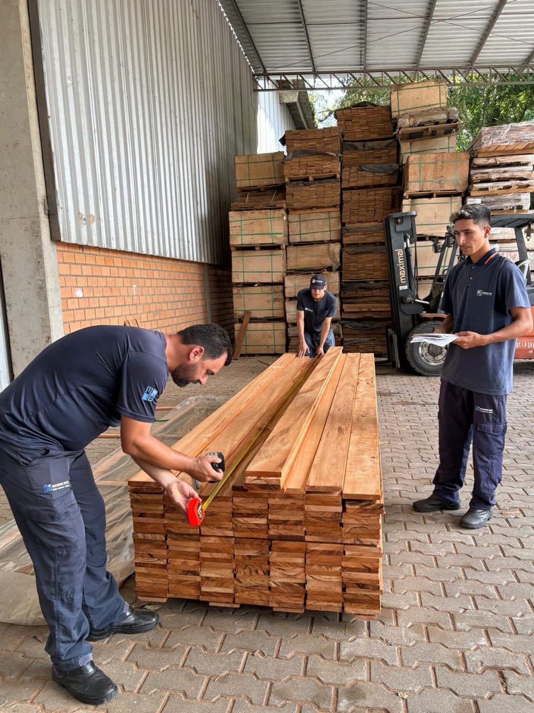 Marine Box inspectors checking and grading sawn hardwood before shipment