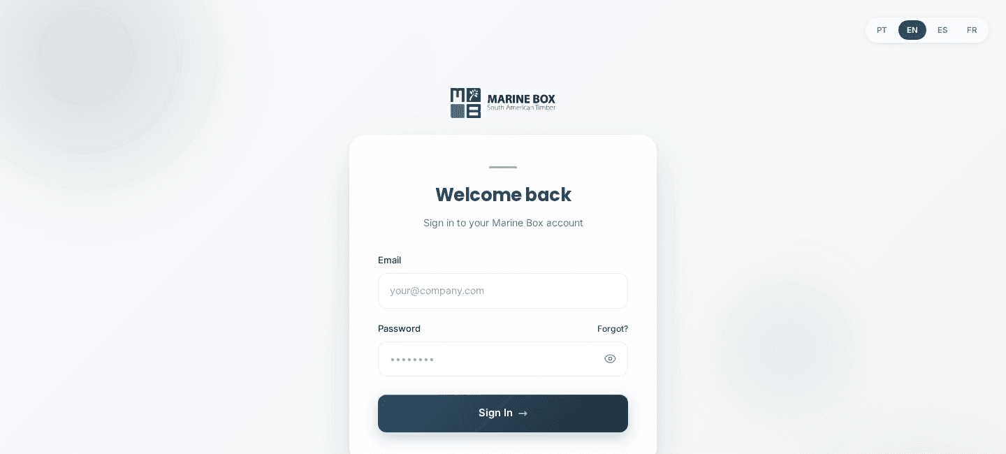 Portal Marine Box — inicio de sesión seguro del importador